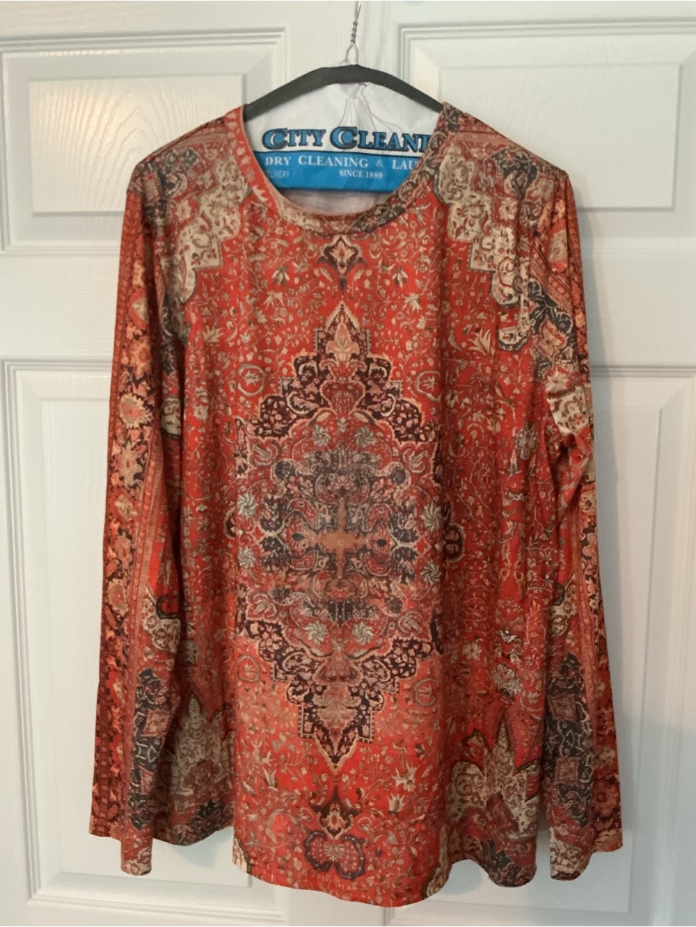 Long Sleeve Printed Shirt in Rust Red - Classic Pattern